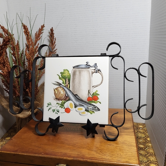 Vintage Wrought Iron and Ceramic Tile Trivet Fish and Eggs - Picture 11 of 16
